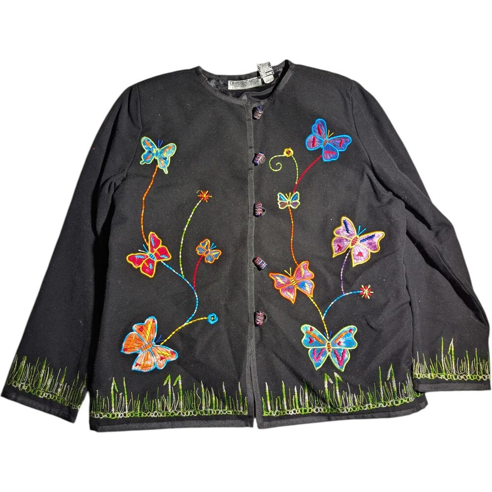 Vtg Y2K Draper's & Damon's Black Butterfly Embroidered Collarless Jacket Sz M